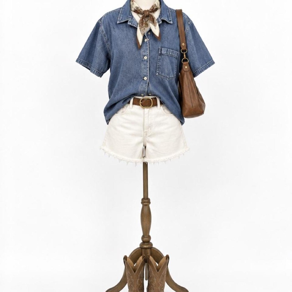Vintage Faded Glory Women's Blue Denim Short Sleeve Button-Up Shirt